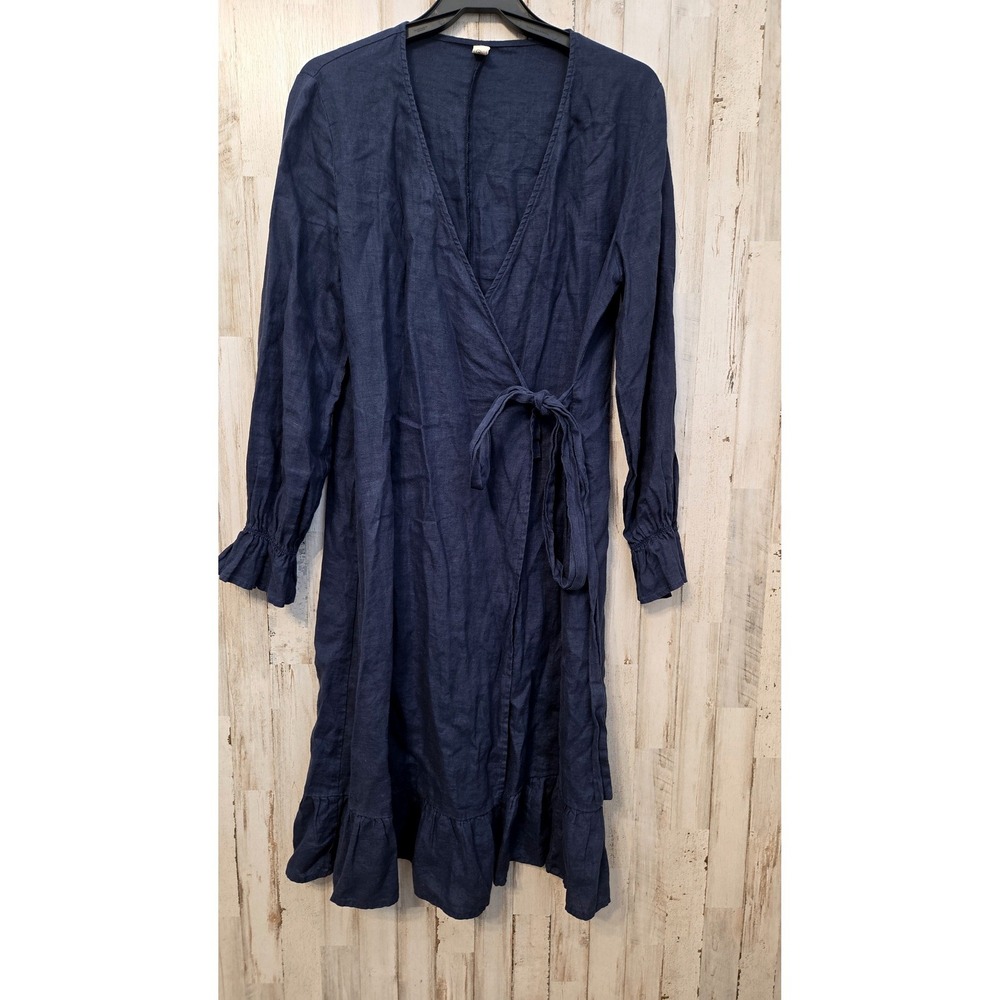 Grae Cove size M Wrap Ruffle Tie Dress Long sleeve 100% Linen Knee Flare